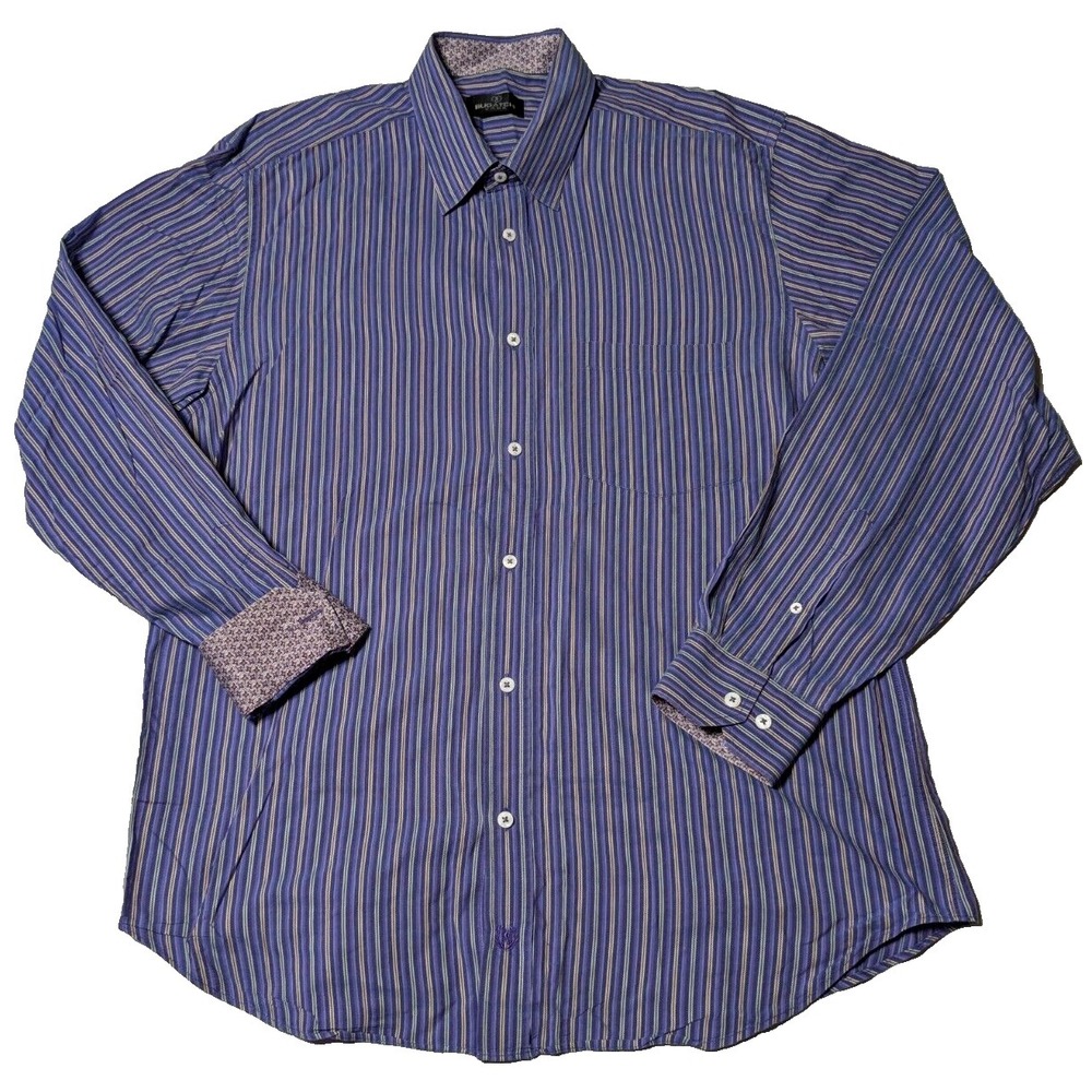 BUGATCHI UOMO Men XL Blue Multi‎ Striped Cotton Button-Up Flip Cuff Dress Shirt